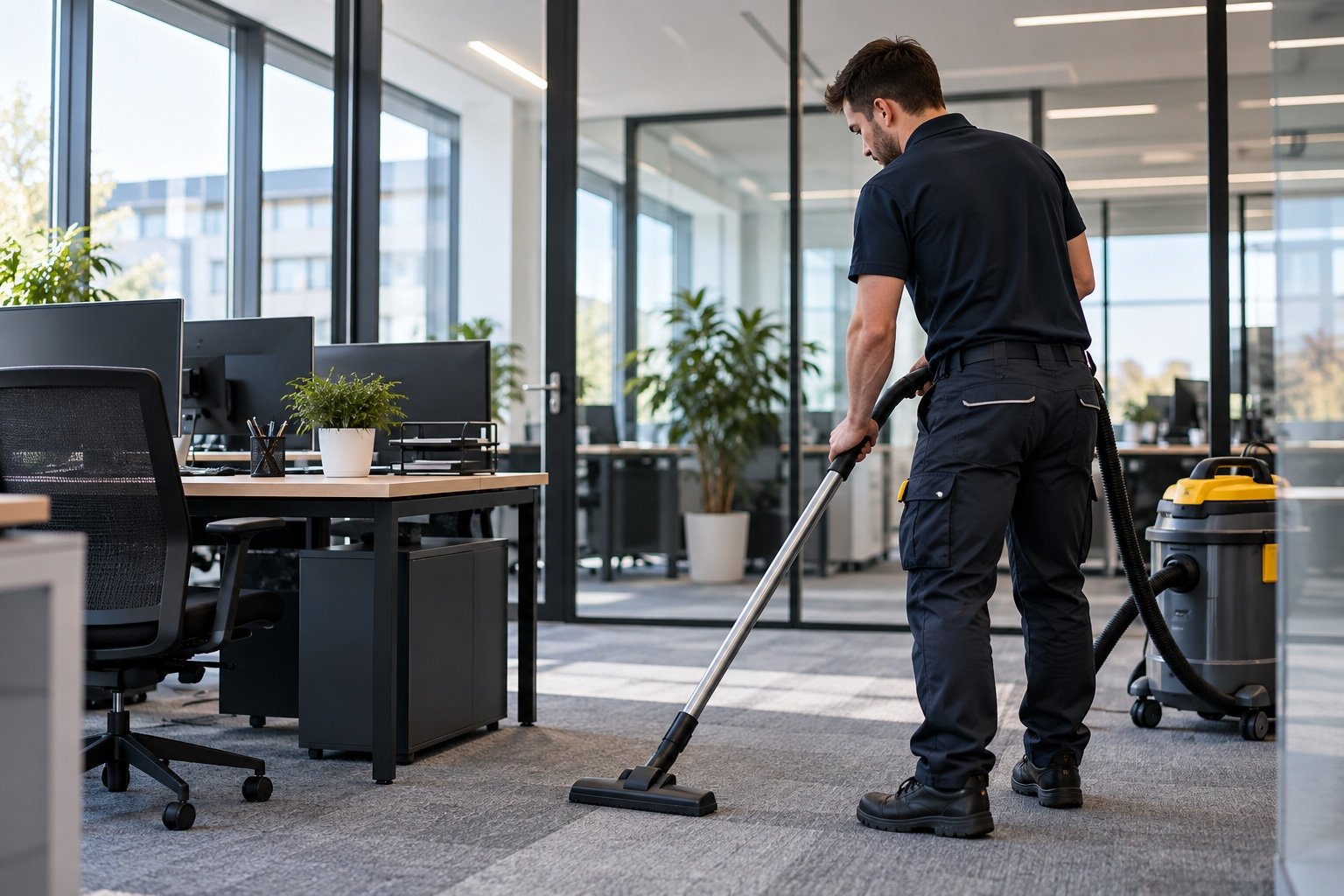 Cleaner vacuuming the floor of a modern office