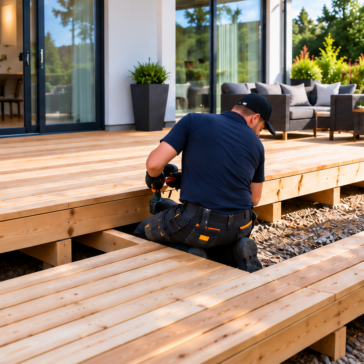 Worker constructing a wooden deck