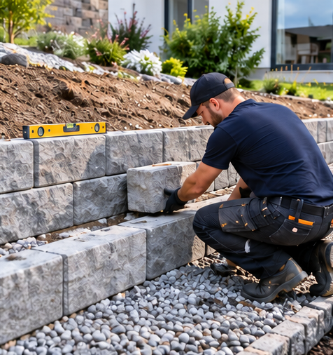 Worker building a retaining wall