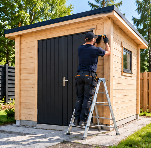 Worker building a small shed