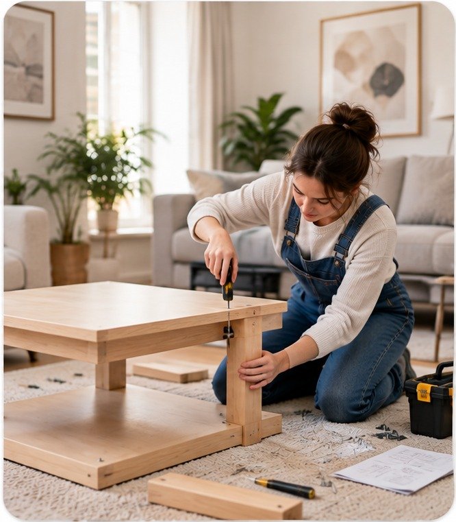 Woman assembling a wooden table in a bright living room