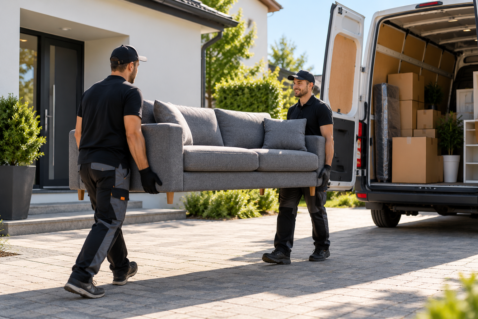 Two movers carrying a sofa toward a parked moving van
