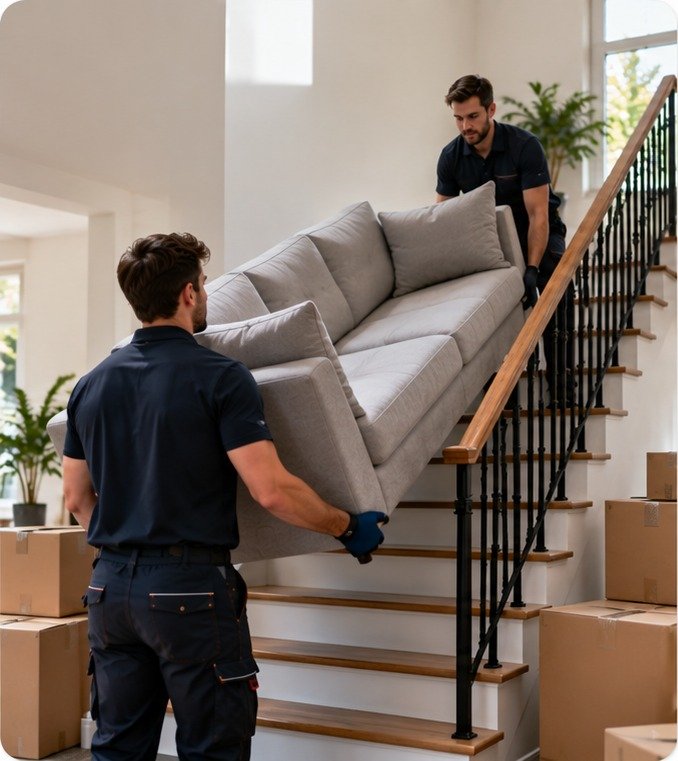 Movers carefully carrying furniture through a home