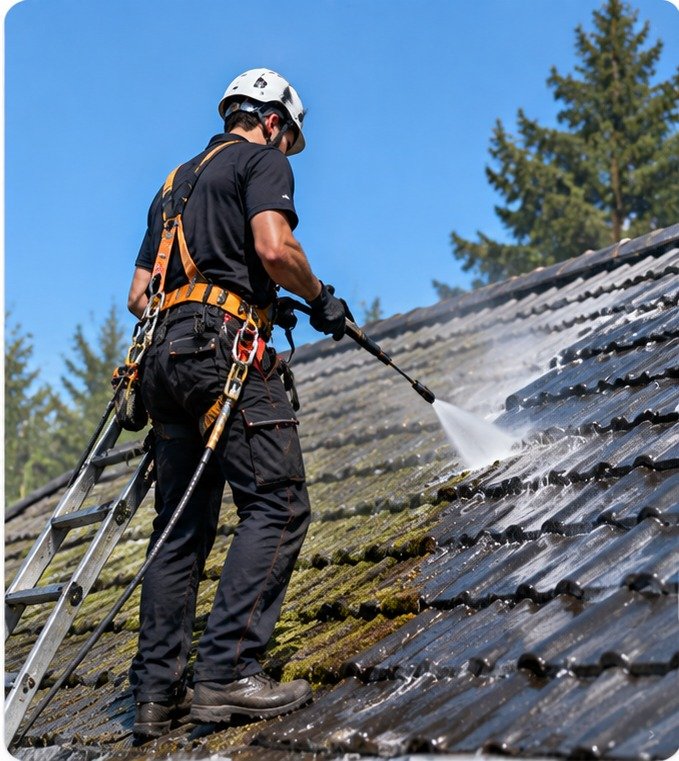 Roof worker cleaning moss from roof tiles