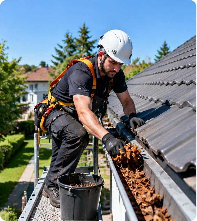 Roof worker clearing leaves and debris from a gutter