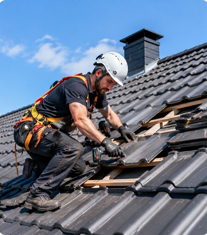 Roof worker carrying out tile maintenance
